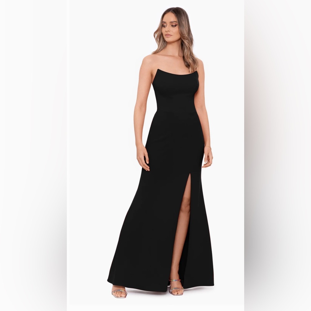 MAURA" LONG STRAPLESS SCUBA CREPE DRESS IN BLACK